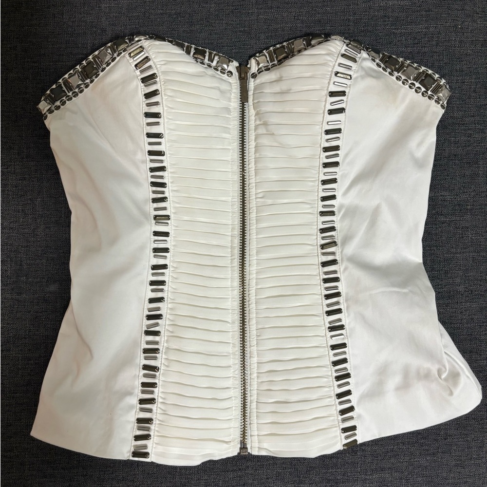 Bebe XS white strapless corset front zip top